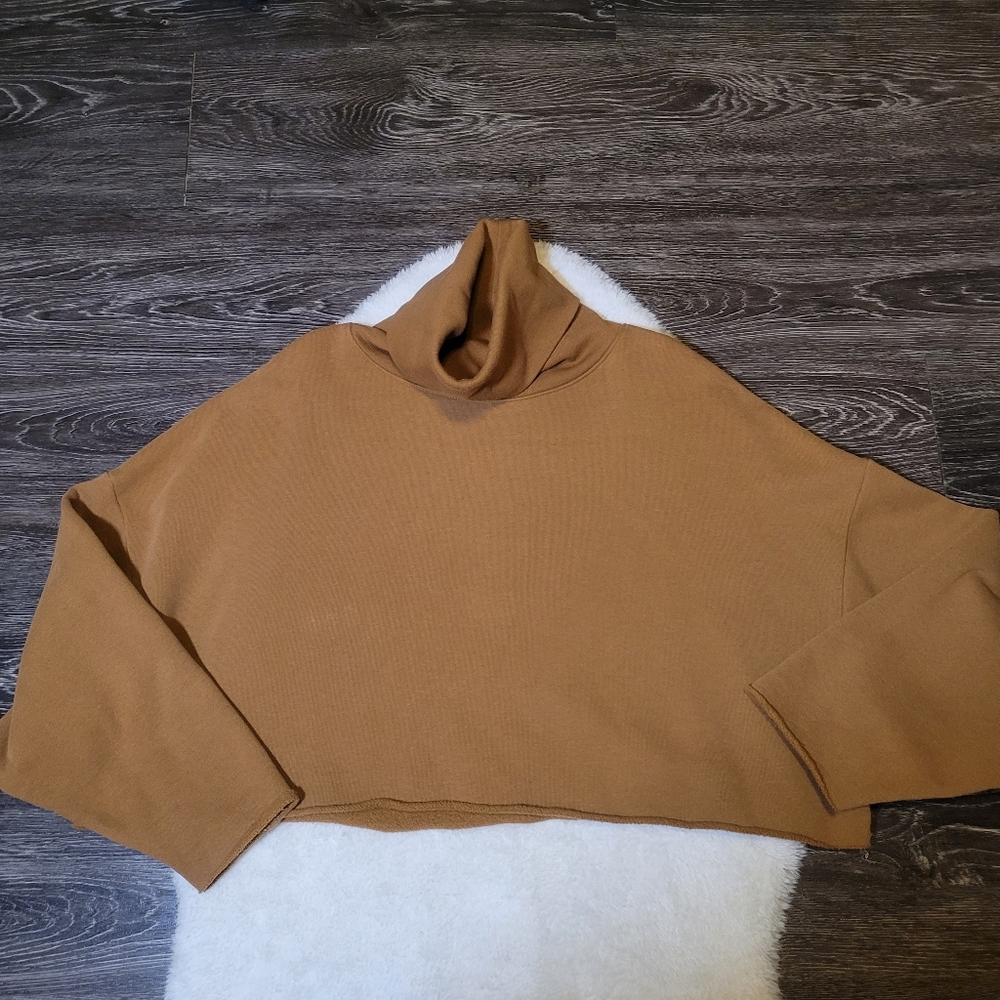 Oak + Fort Oversized Crop Cotton Turtleneck in Tobacco Sz S